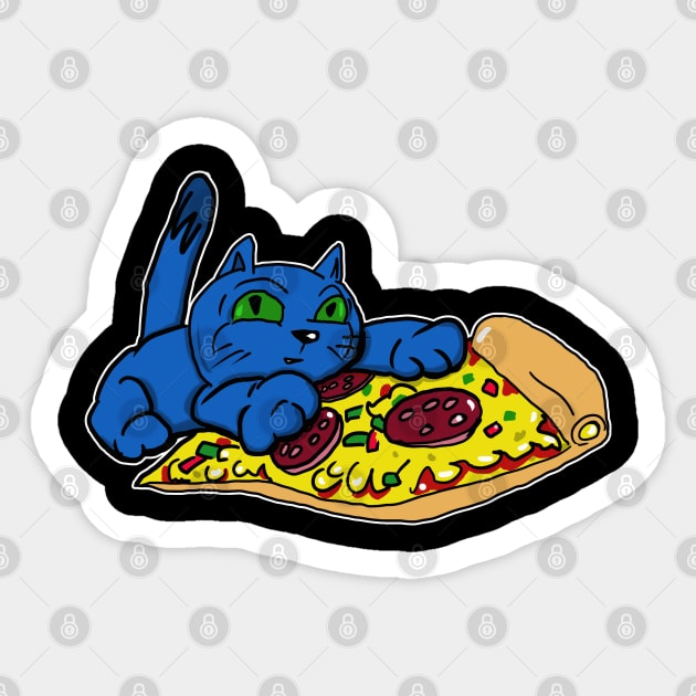 Blue Cat with Green Eyes and a Slice of Pizza Sticker by silentrob668